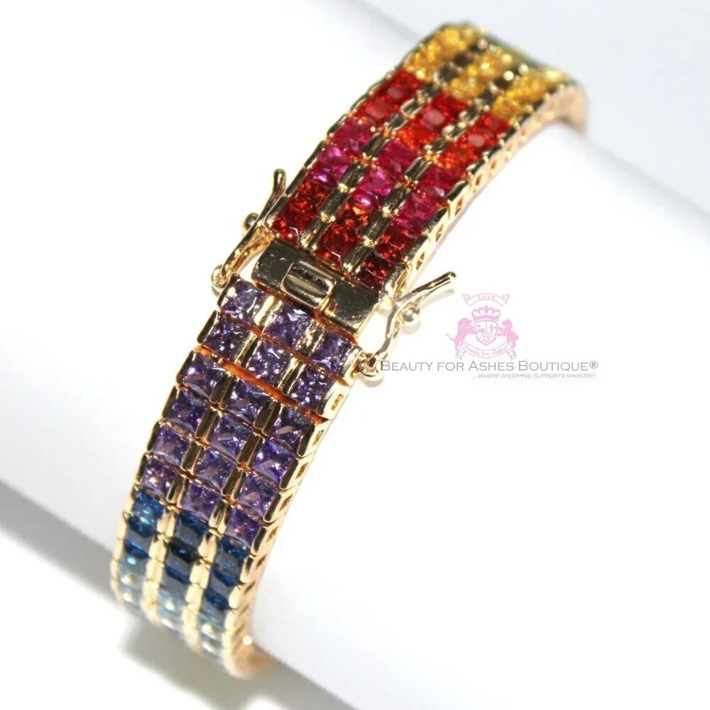 Multicolor Rainbow Yellow Gold Plated Gods Promise Triple Row Gala Bracelet 7.5